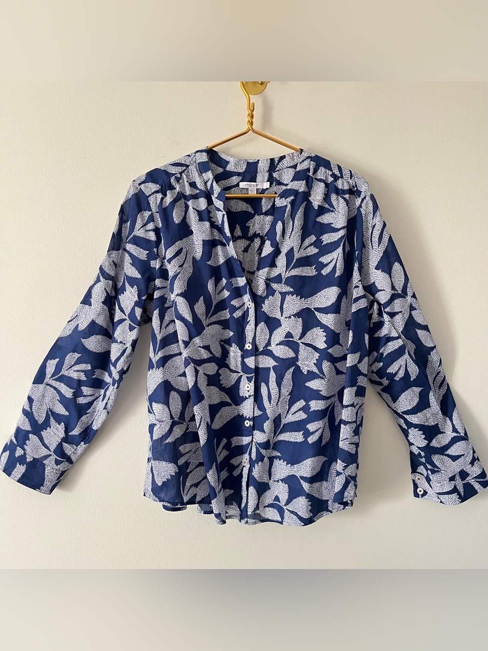 Chico's Royal Blue White Botanical 100% Cotton Button Top Lightweight Sz 16 XL